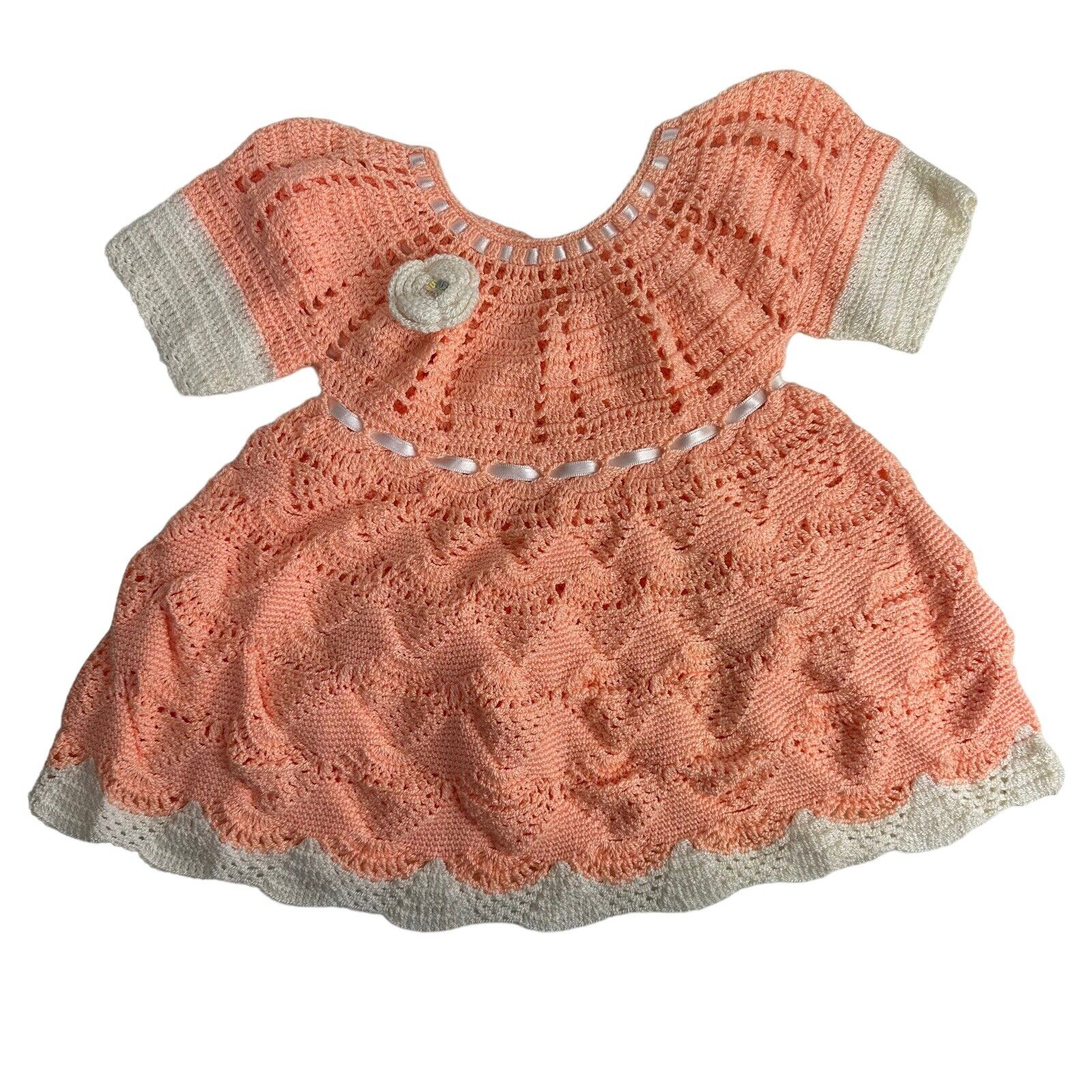 Hand Knit Crochet Ribbon Baby Dress Vintage 9-12 Months
